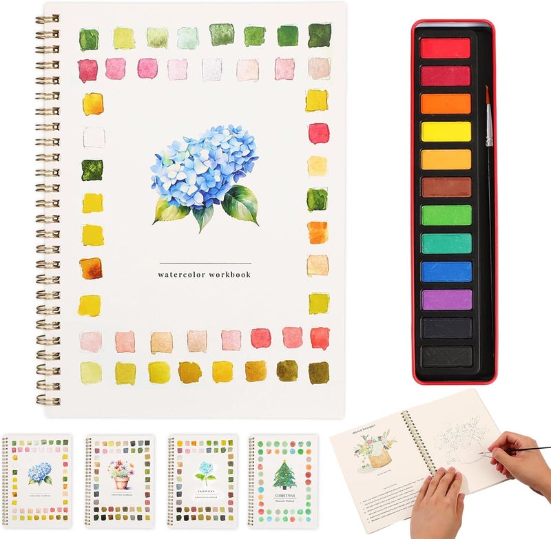 KOSIMI Watercolor Workbook – Water Coloring Book, Beginner Watercolor Painting Kit Paint Set Workbook with 12 Watercolor Paints & Brush (Flower B) - Image 1